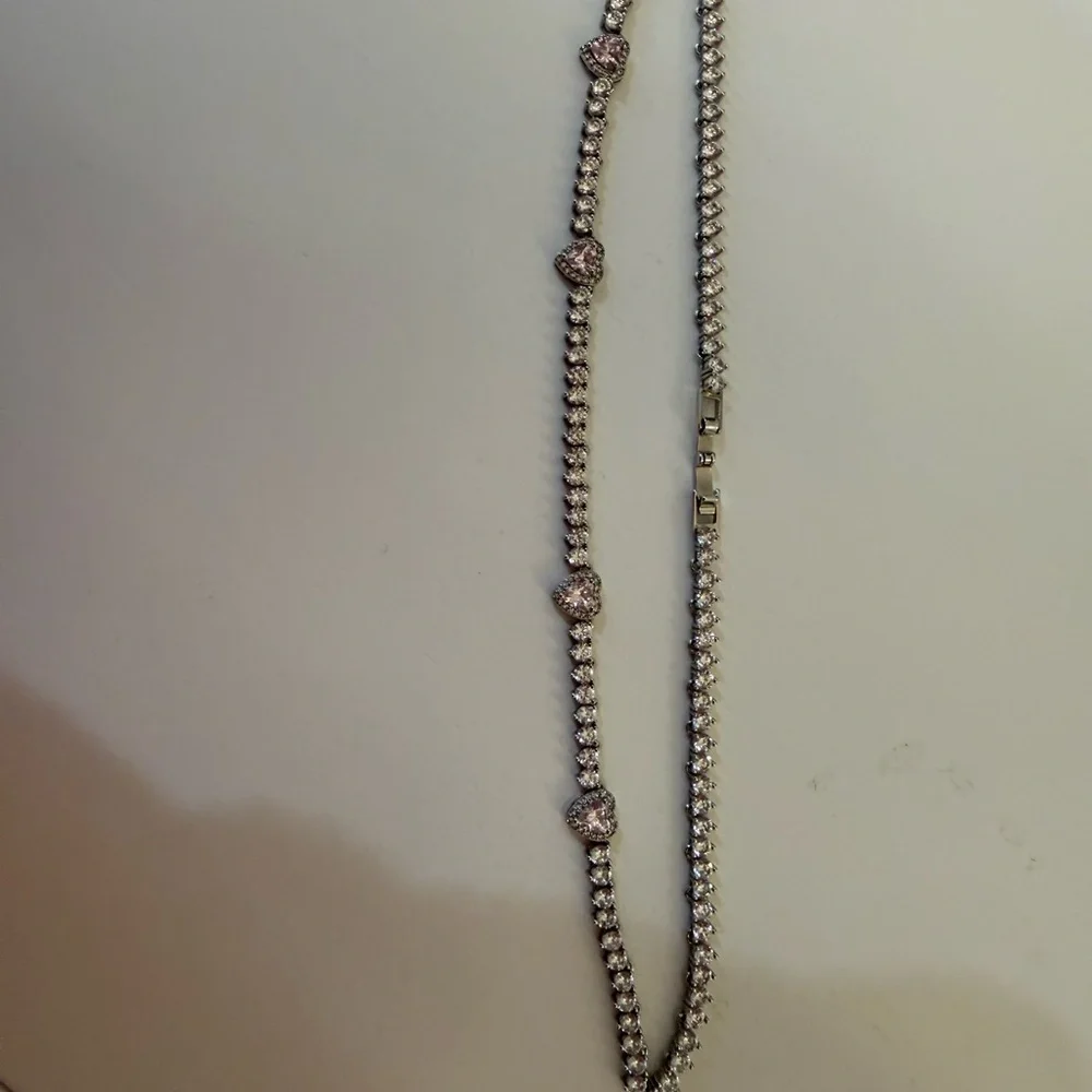 Elegant Silver with Pink Heart Tennis Necklace as seen in Vogue - Picture 6 of 6